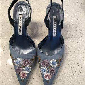 Manalo Blahnik hand beaded 3 1/2” slingbacks.